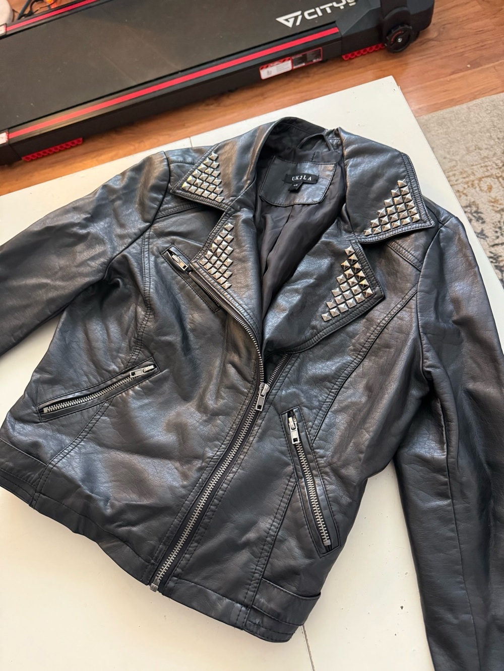UK2LA Black Faux Leather Studded Moto Biker Jacket Grunge Punk Rock Edgy Chic L - Picture 3 of 6